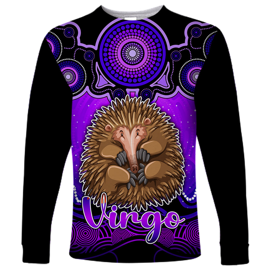 personalised-australia-virgo-echidna-zodiac-long-sleeve-shirt-auz-astrology-aboriginal-purple