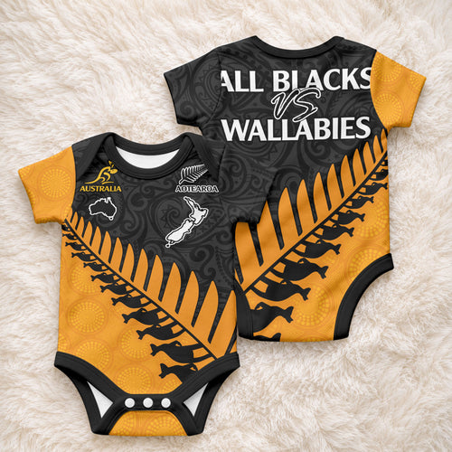 Australia Wallabies and Aotearoa Rugby Baby Onesie Kangaroo Black Fern Maori Gold Vibe