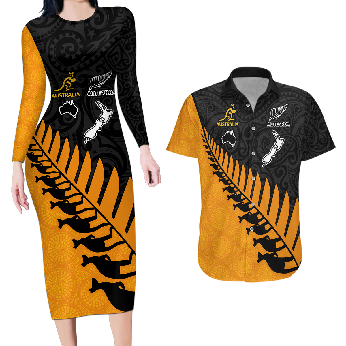 australia-wallabies-and-aotearoa-rugby-couples-matching-long-sleeve-bodycon-dress-and-hawaiian-shirt-kangaroo-black-fern-maori-gold-vibe