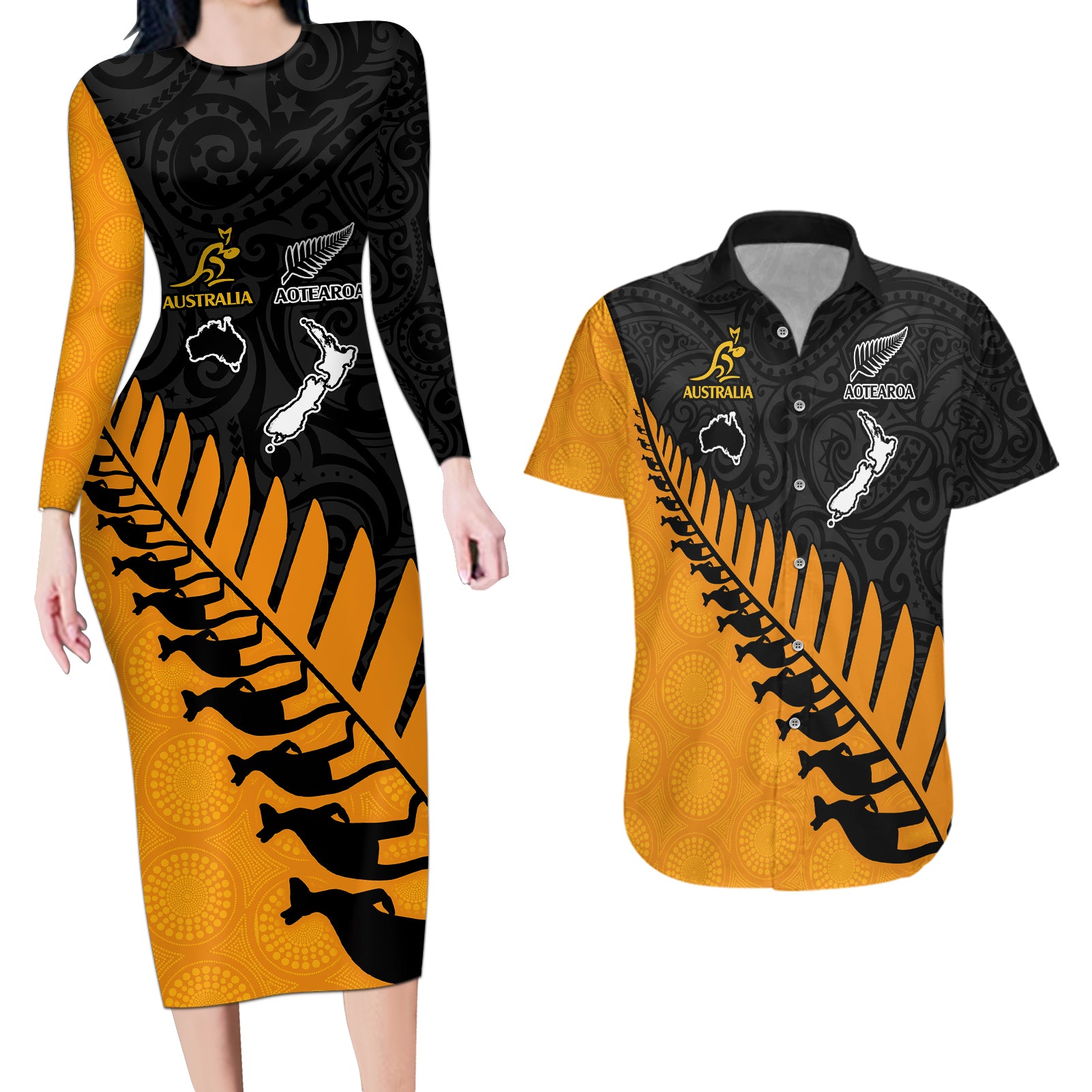 australia-wallabies-and-aotearoa-rugby-couples-matching-long-sleeve-bodycon-dress-and-hawaiian-shirt-kangaroo-black-fern-maori-gold-vibe