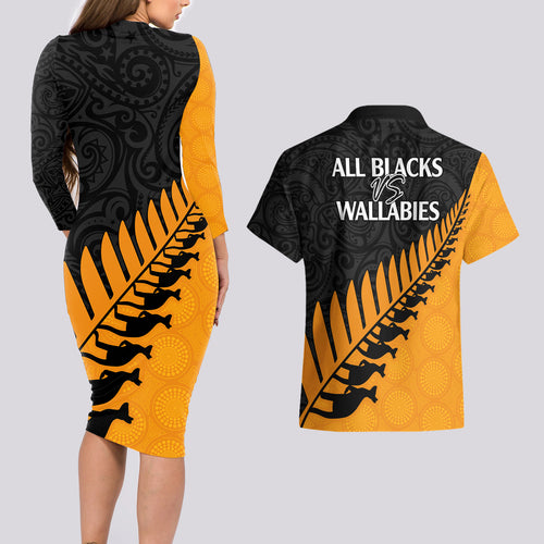 australia-wallabies-and-aotearoa-rugby-couples-matching-long-sleeve-bodycon-dress-and-hawaiian-shirt-kangaroo-black-fern-maori-gold-vibe