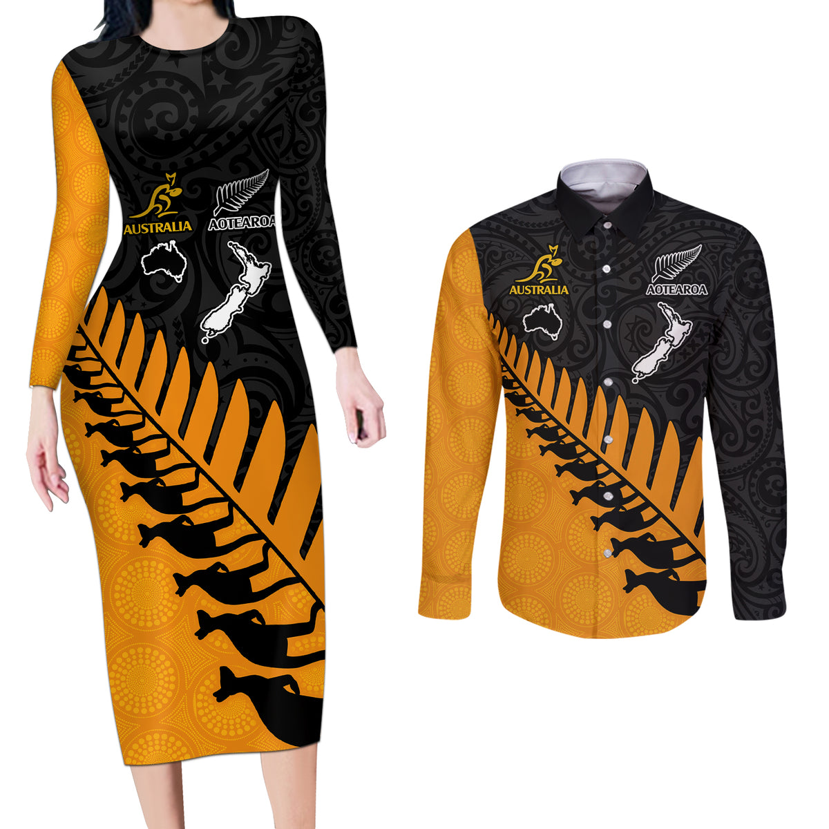 australia-wallabies-and-aotearoa-rugby-couples-matching-long-sleeve-bodycon-dress-and-long-sleeve-button-shirts-kangaroo-black-fern-maori-gold-vibe