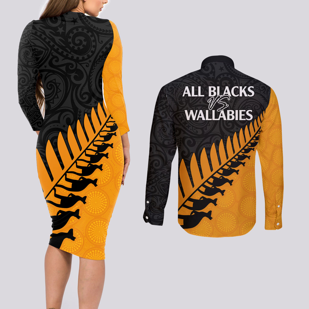 australia-wallabies-and-aotearoa-rugby-couples-matching-long-sleeve-bodycon-dress-and-long-sleeve-button-shirts-kangaroo-black-fern-maori-gold-vibe
