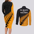 australia-wallabies-and-aotearoa-rugby-couples-matching-long-sleeve-bodycon-dress-and-long-sleeve-button-shirts-kangaroo-black-fern-maori-gold-vibe