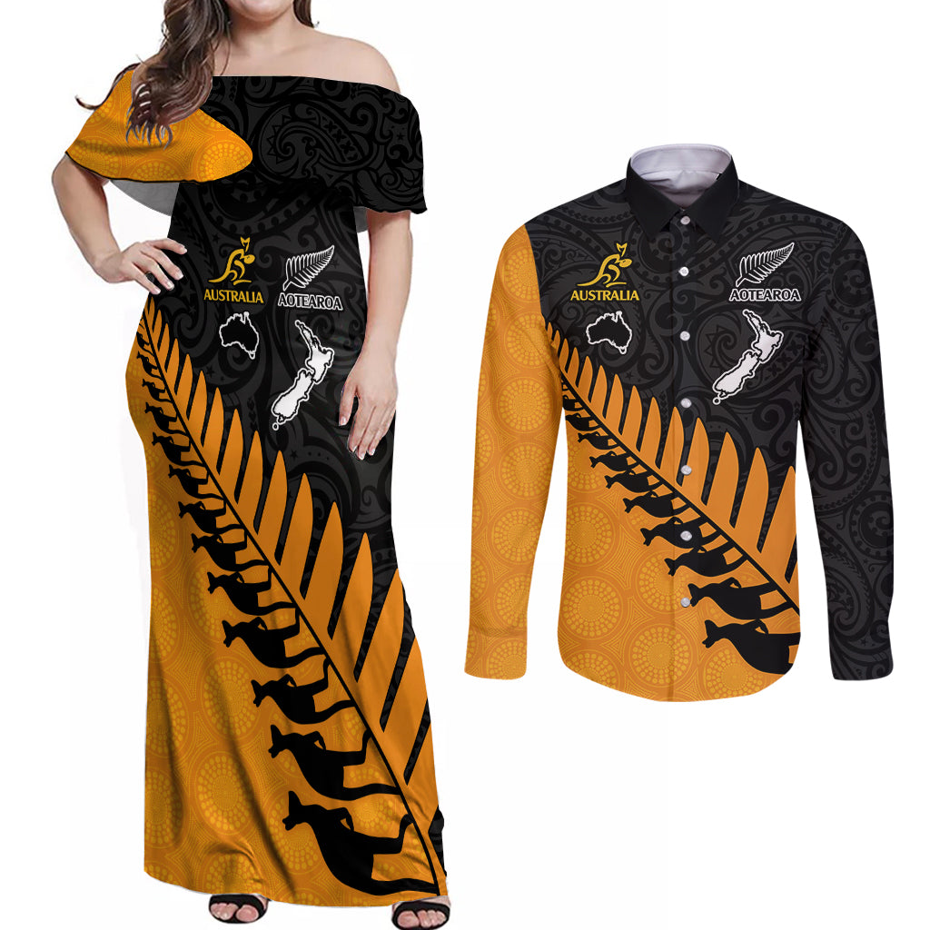 australia-wallabies-and-aotearoa-rugby-couples-matching-off-shoulder-maxi-dress-and-long-sleeve-button-shirts-kangaroo-black-fern-maori-gold-vibe
