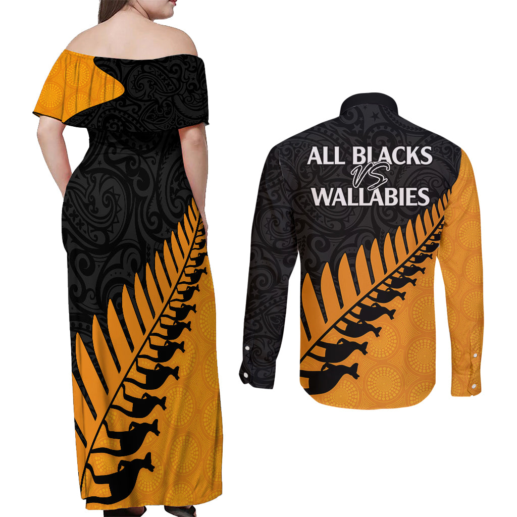 australia-wallabies-and-aotearoa-rugby-couples-matching-off-shoulder-maxi-dress-and-long-sleeve-button-shirts-kangaroo-black-fern-maori-gold-vibe
