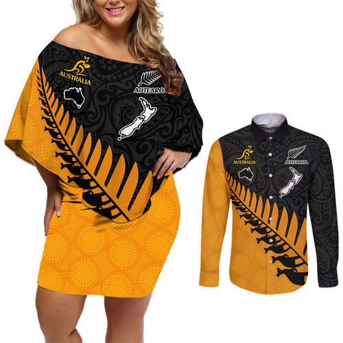 australia-wallabies-and-aotearoa-rugby-couples-matching-off-shoulder-short-dress-and-long-sleeve-button-shirts-kangaroo-black-fern-maori-gold-vibe