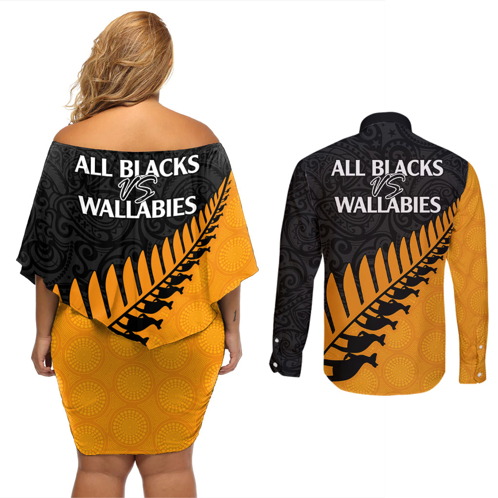 australia-wallabies-and-aotearoa-rugby-couples-matching-off-shoulder-short-dress-and-long-sleeve-button-shirts-kangaroo-black-fern-maori-gold-vibe