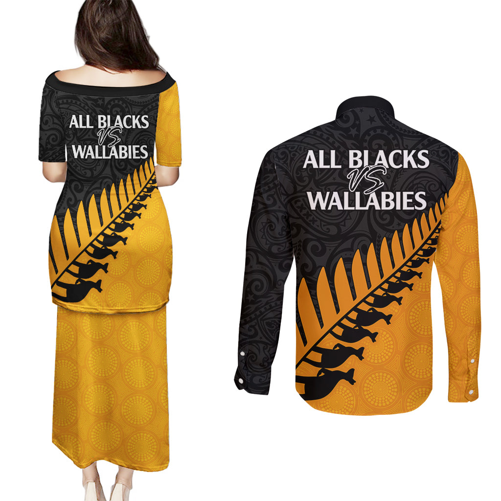 australia-wallabies-and-aotearoa-rugby-couples-matching-puletasi-dress-and-long-sleeve-button-shirts-kangaroo-black-fern-maori-gold-vibe