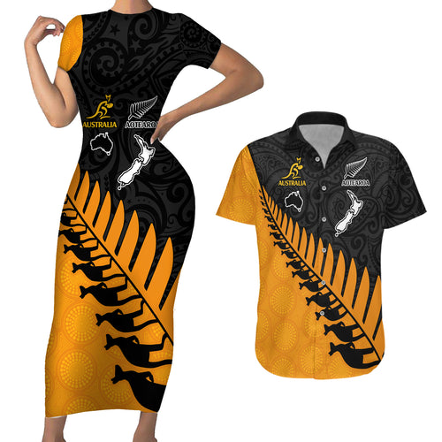 australia-wallabies-and-aotearoa-rugby-couples-matching-short-sleeve-bodycon-dress-and-hawaiian-shirt-kangaroo-black-fern-maori-gold-vibe