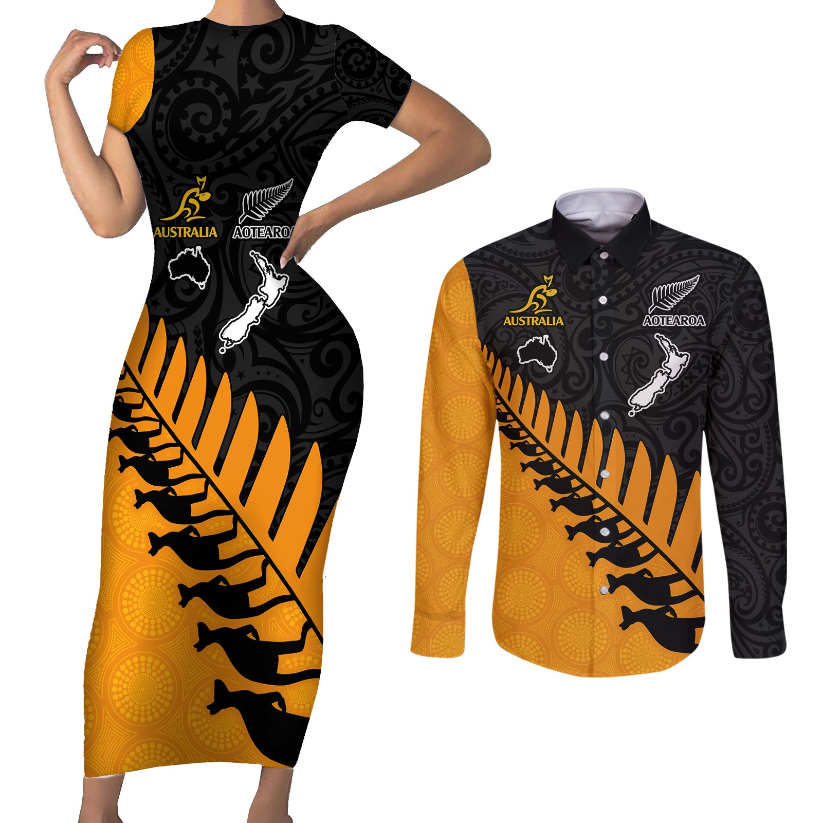 australia-wallabies-and-aotearoa-rugby-couples-matching-short-sleeve-bodycon-dress-and-long-sleeve-button-shirts-kangaroo-black-fern-maori-gold-vibe