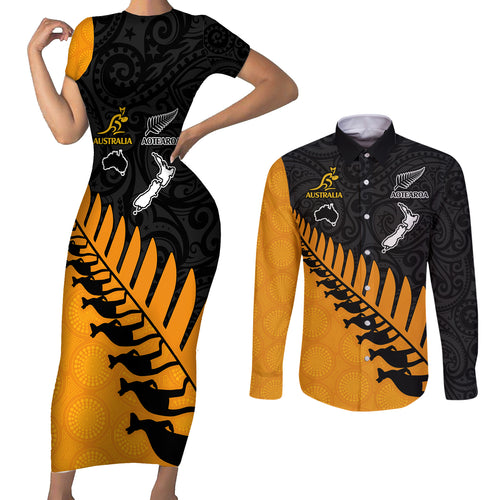 australia-wallabies-and-aotearoa-rugby-couples-matching-short-sleeve-bodycon-dress-and-long-sleeve-button-shirts-kangaroo-black-fern-maori-gold-vibe