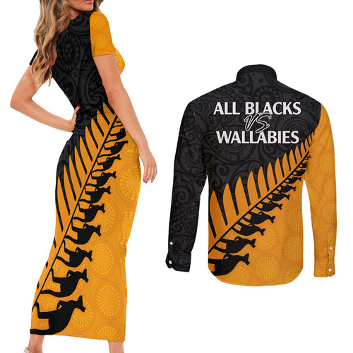 australia-wallabies-and-aotearoa-rugby-couples-matching-short-sleeve-bodycon-dress-and-long-sleeve-button-shirts-kangaroo-black-fern-maori-gold-vibe