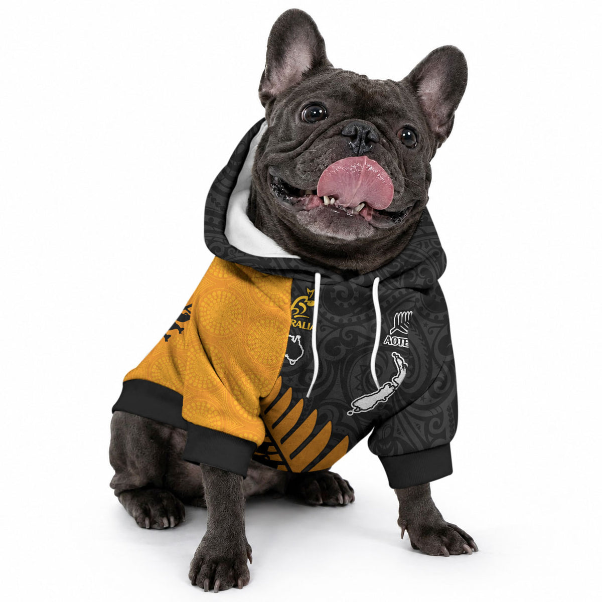 Australia Wallabies and Aotearoa Rugby Pet Hoodie Kangaroo Black Fern Maori Gold Vibe