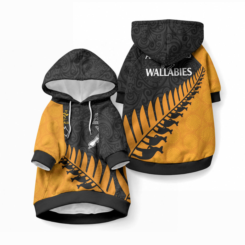 Australia Wallabies and Aotearoa Rugby Pet Hoodie Kangaroo Black Fern Maori Gold Vibe