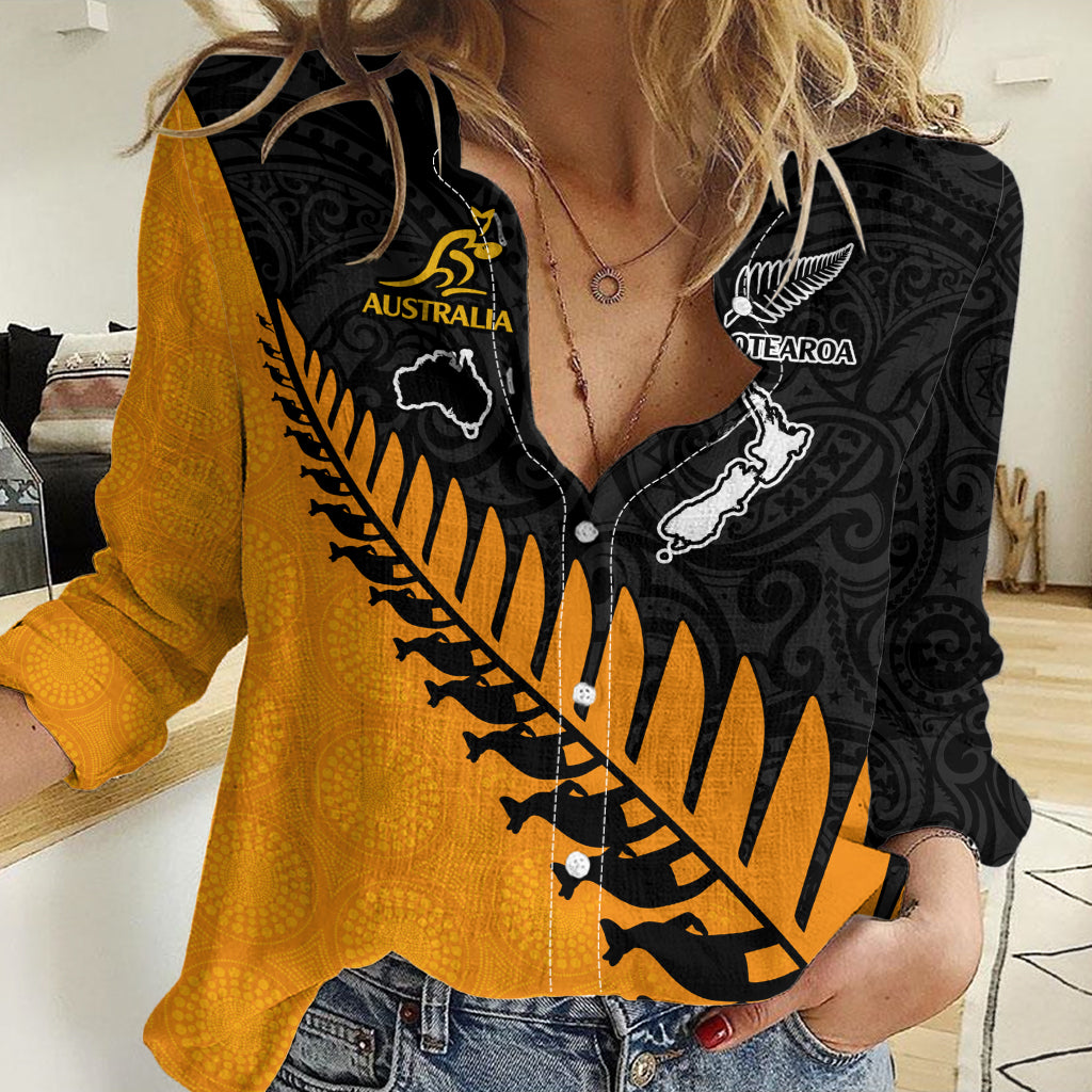 Australia Wallabies and Aotearoa Rugby Women Casual Shirt Kangaroo Black Fern Maori Gold Vibe LT9