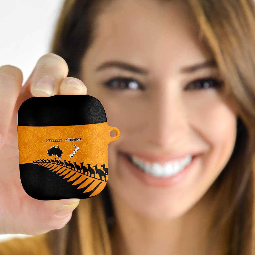 Australia New Zealand Rugby AirPods Case Gold Aboriginal Wallabies and Maori Black Fern - Aussie Hoodie