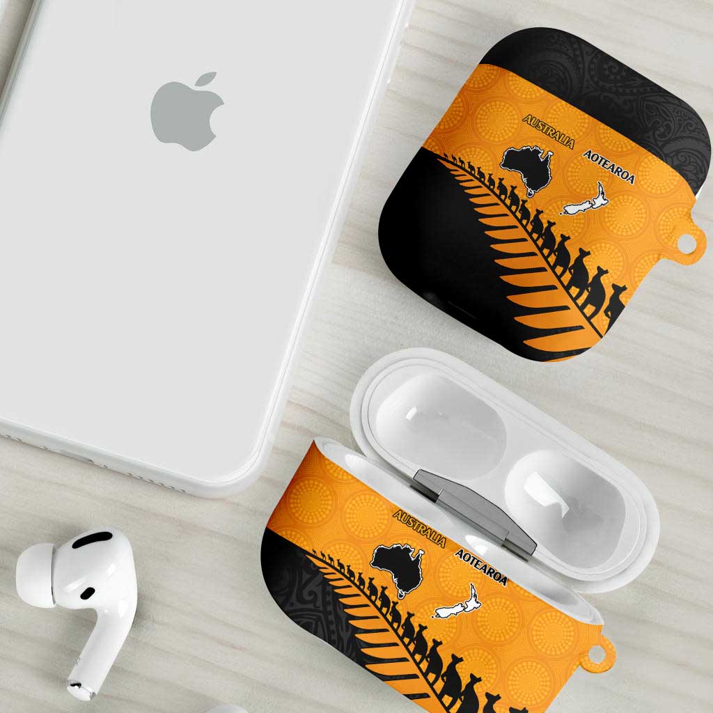 Australia New Zealand Rugby AirPods Case Gold Aboriginal Wallabies and Maori Black Fern - Aussie Hoodie