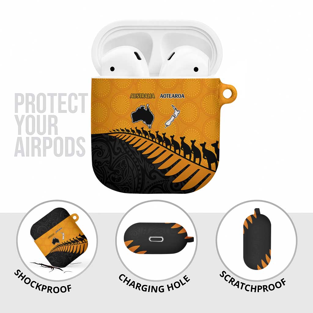Australia New Zealand Rugby AirPods Case Gold Aboriginal Wallabies and Maori Black Fern - Aussie Hoodie
