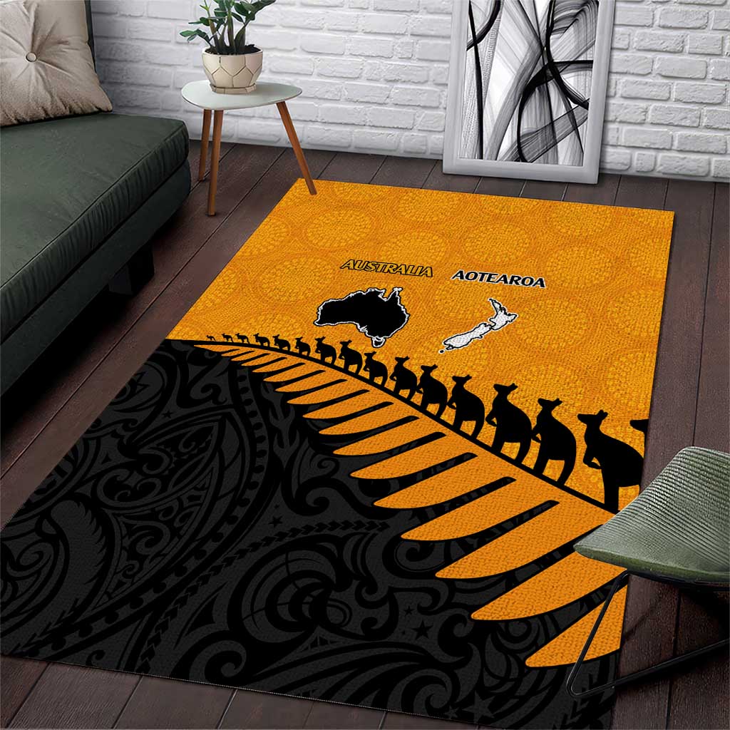 Australia New Zealand Rugby Area Rug Gold Aboriginal Wallabies and Maori Black Fern - Aussie Hoodie
