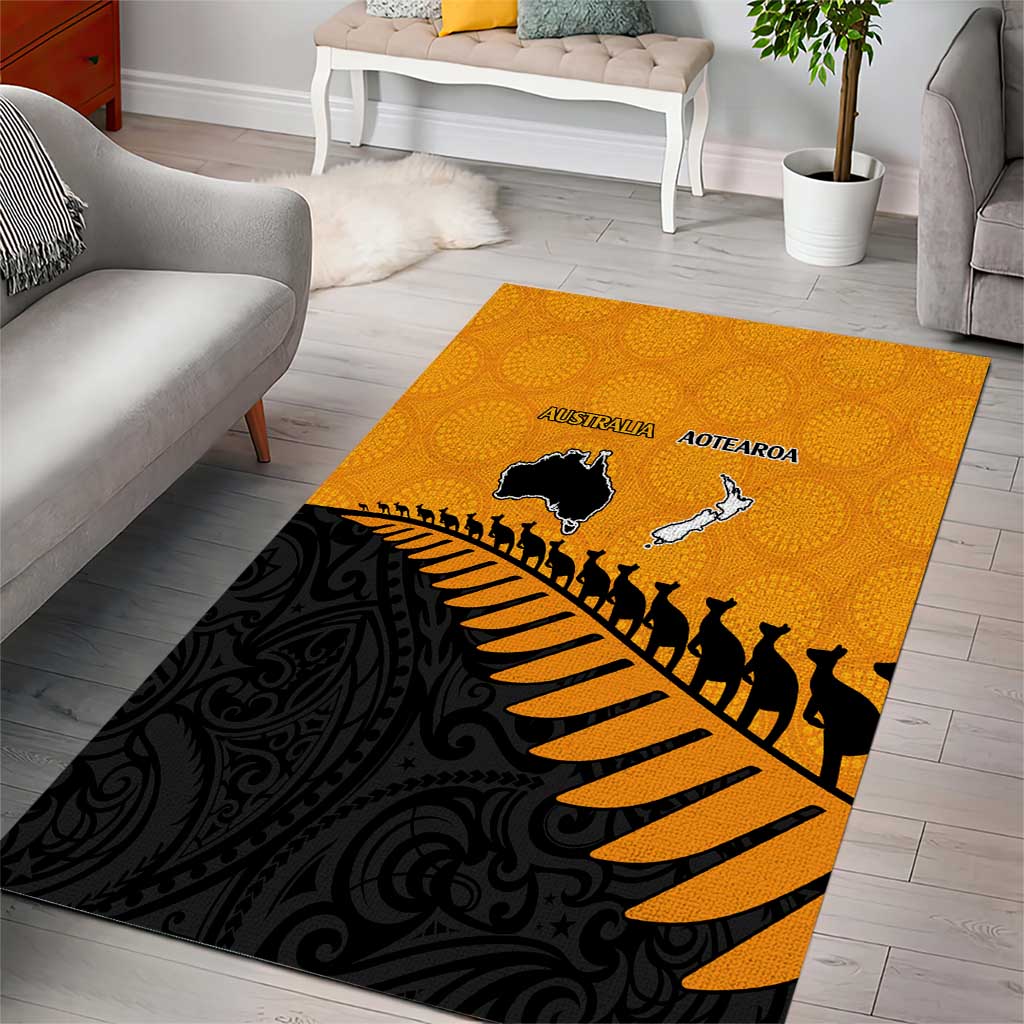 Australia New Zealand Rugby Area Rug Gold Aboriginal Wallabies and Maori Black Fern - Aussie Hoodie