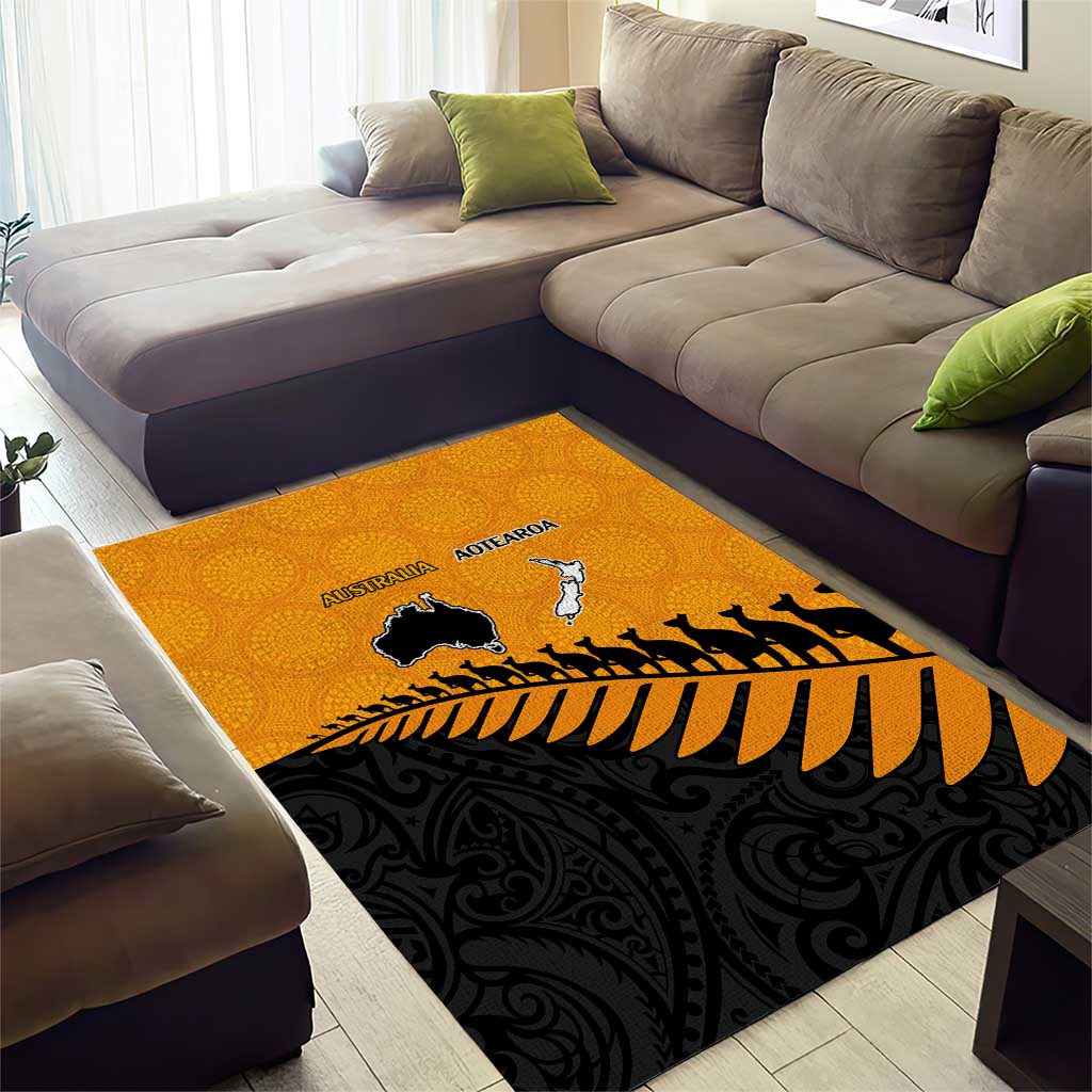 Australia New Zealand Rugby Area Rug Gold Aboriginal Wallabies and Maori Black Fern - Aussie Hoodie