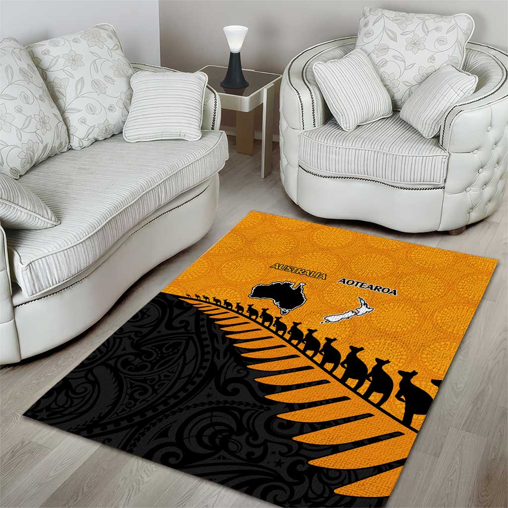 Australia New Zealand Rugby Area Rug Gold Aboriginal Wallabies and Maori Black Fern - Aussie Hoodie