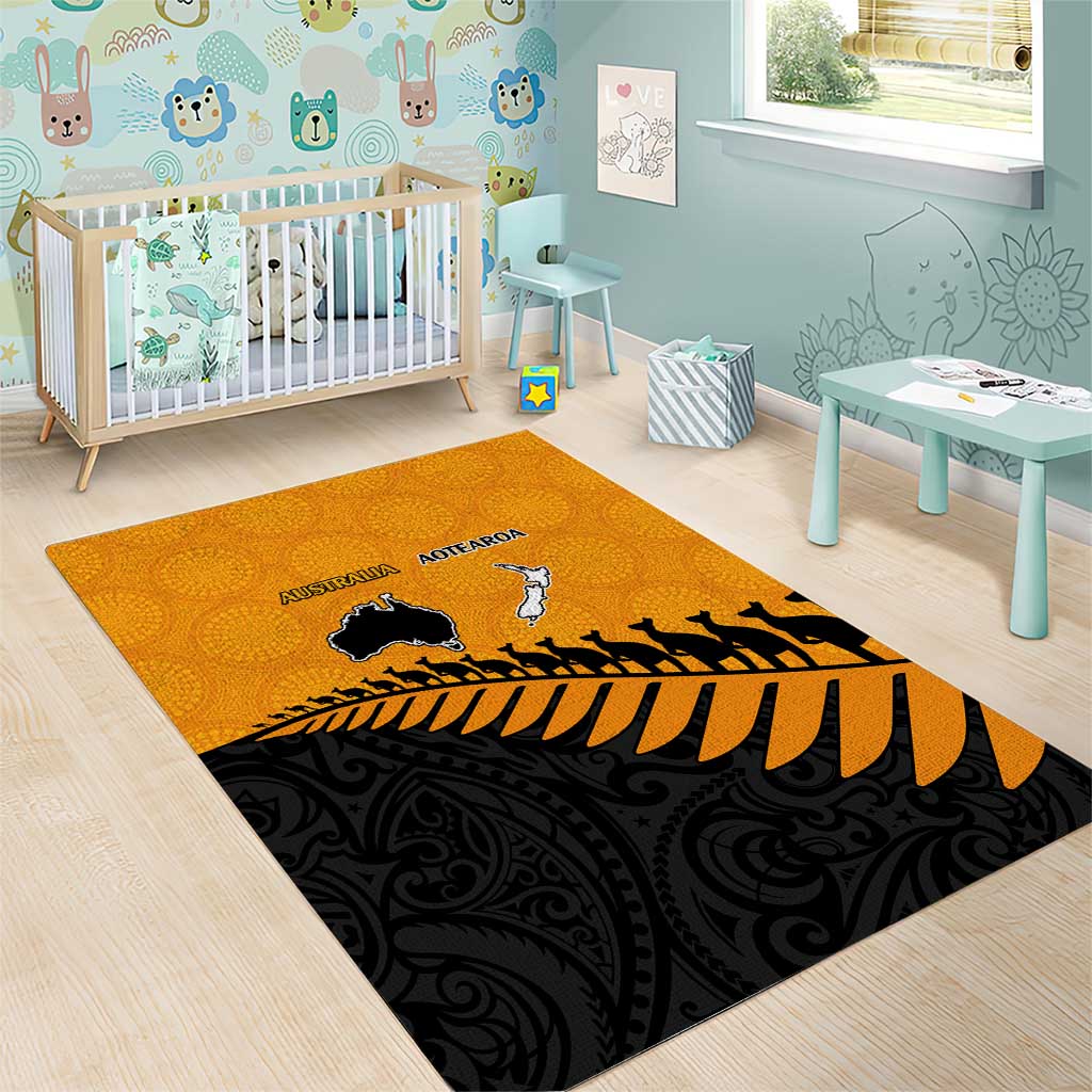 Australia New Zealand Rugby Area Rug Gold Aboriginal Wallabies and Maori Black Fern - Aussie Hoodie