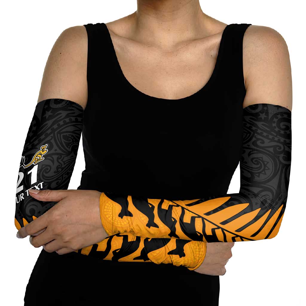 Australia New Zealand Rugby Arm Sleeves Gold Aboriginal Wallabies and Maori Black Fern - Aussie Hoodie