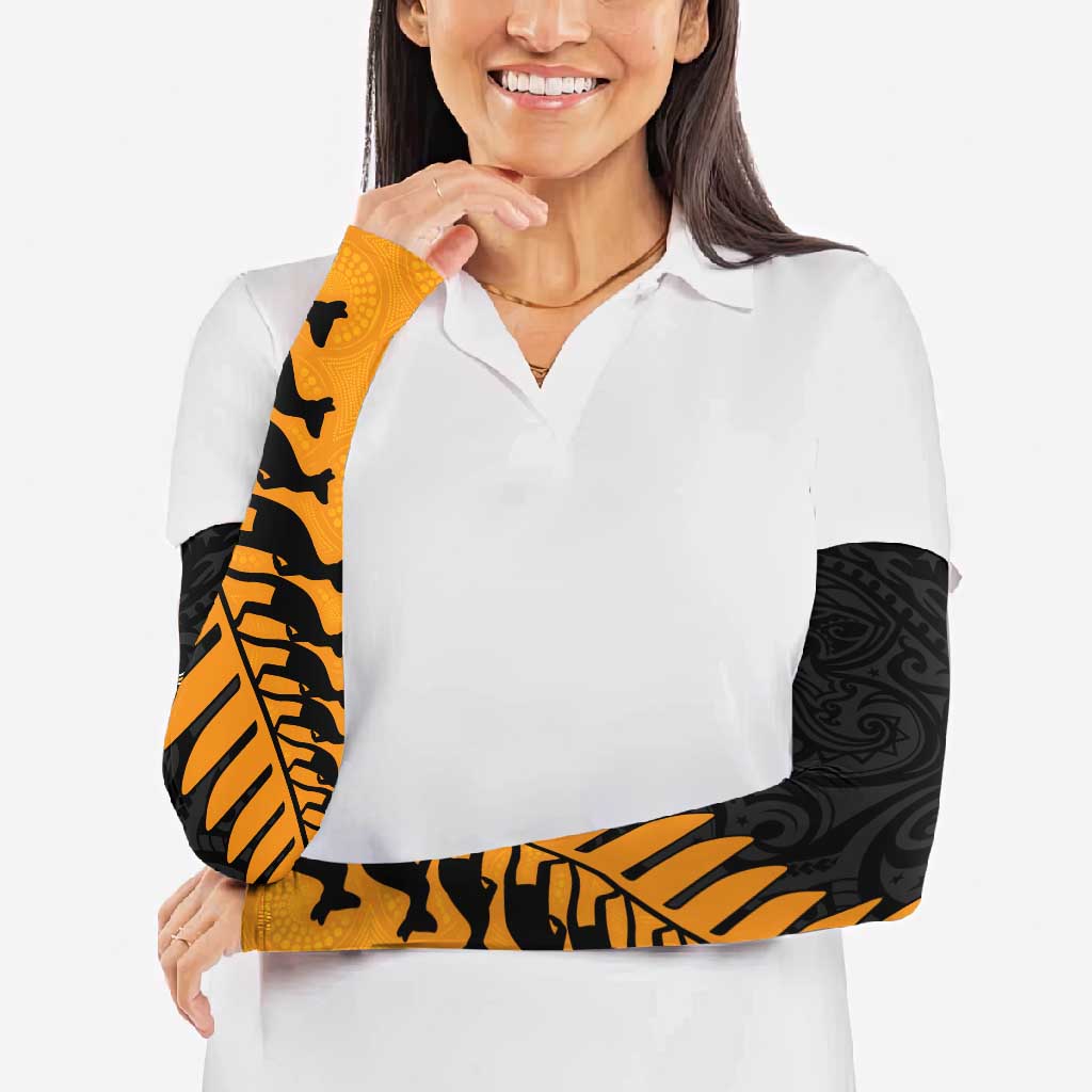 Australia New Zealand Rugby Arm Sleeves Gold Aboriginal Wallabies and Maori Black Fern - Aussie Hoodie