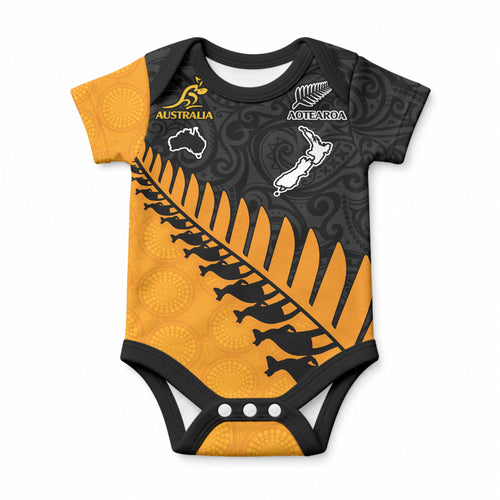 Custom Australia Wallabies and Aotearoa Rugby Baby Onesie Kangaroo Black Fern Maori Gold Vibe