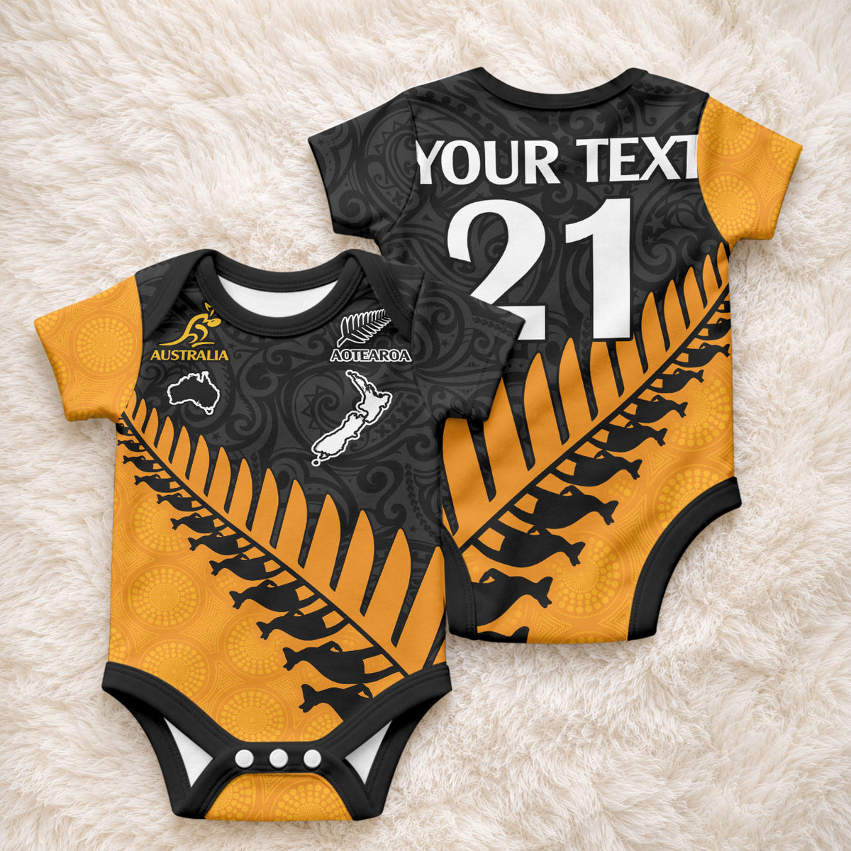 Custom Australia Wallabies and Aotearoa Rugby Baby Onesie Kangaroo Black Fern Maori Gold Vibe