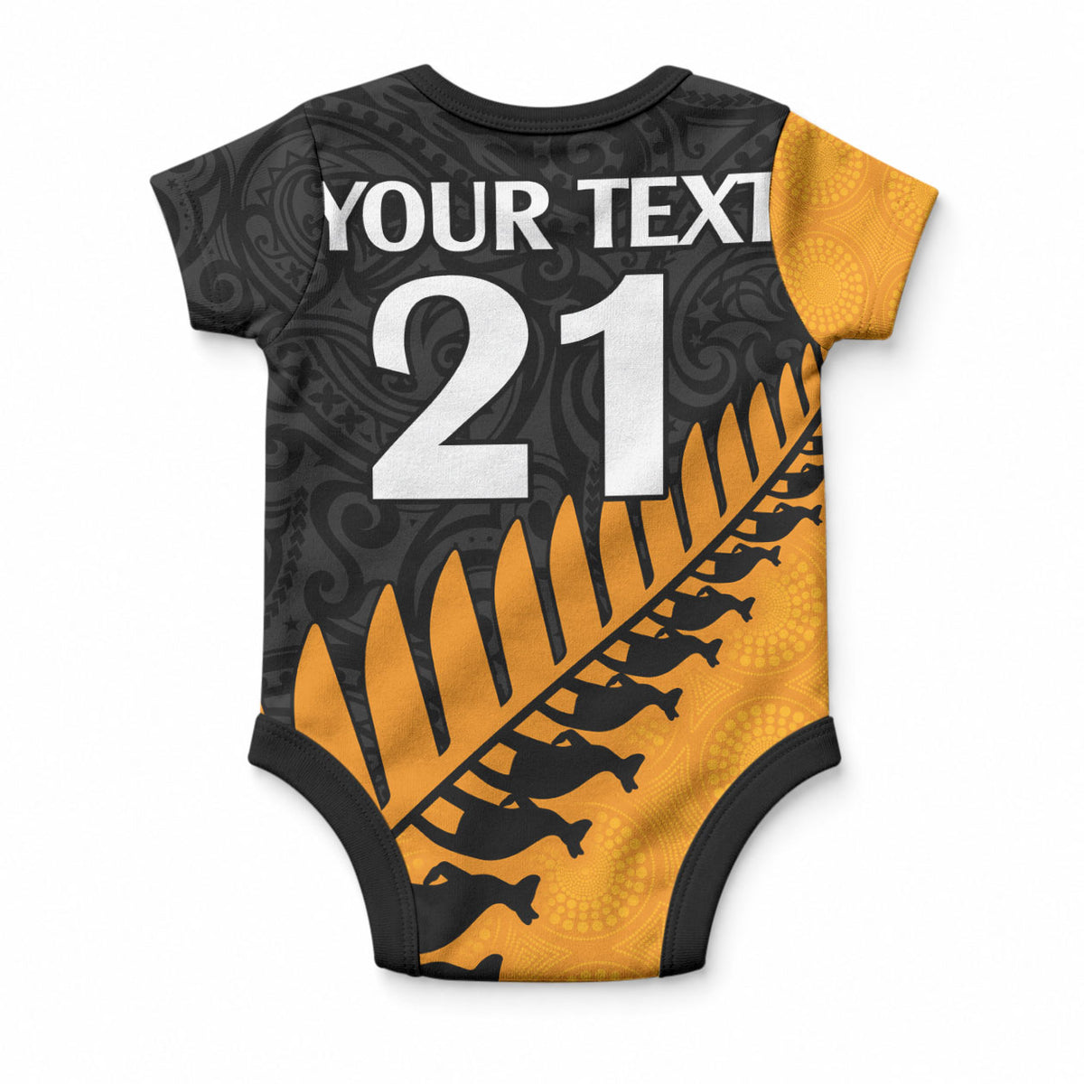 Custom Australia Wallabies and Aotearoa Rugby Baby Onesie Kangaroo Black Fern Maori Gold Vibe