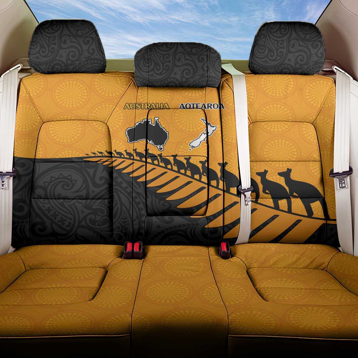 Australia New Zealand Rugby Back Car Seat Cover Gold Aboriginal Wallabies and Maori Black Fern - Aussie Hoodie