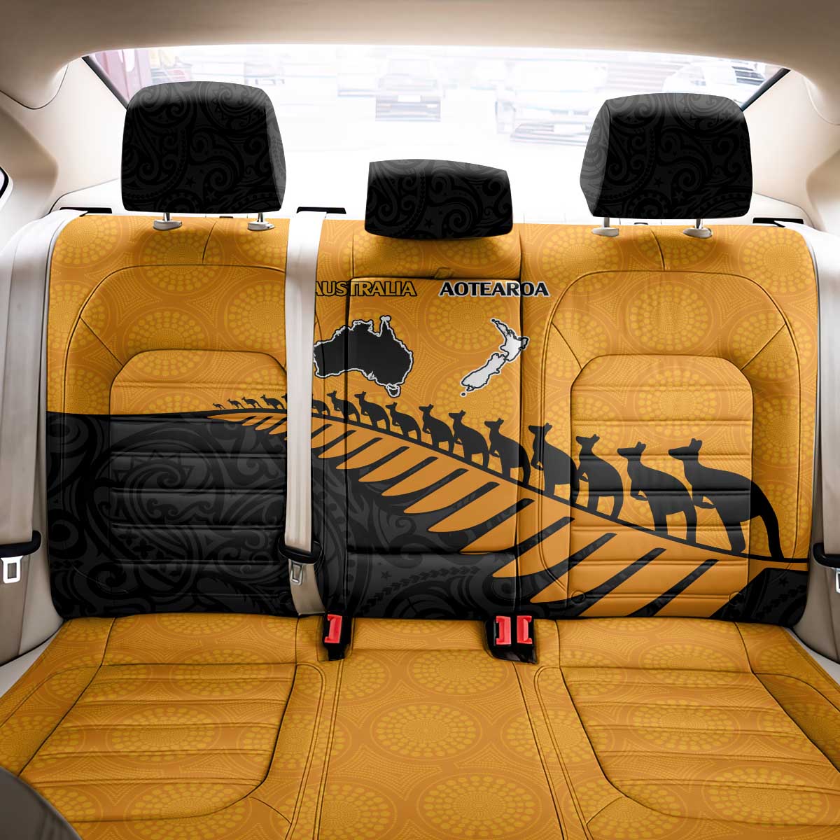 Australia New Zealand Rugby Back Car Seat Cover Gold Aboriginal Wallabies and Maori Black Fern - Aussie Hoodie