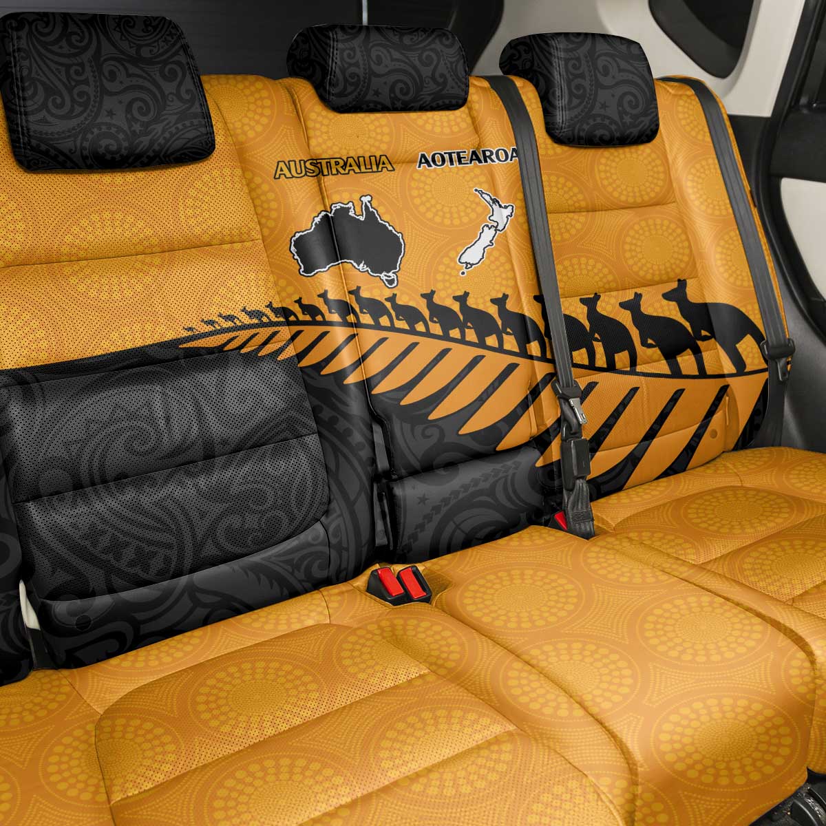 Australia New Zealand Rugby Back Car Seat Cover Gold Aboriginal Wallabies and Maori Black Fern - Aussie Hoodie
