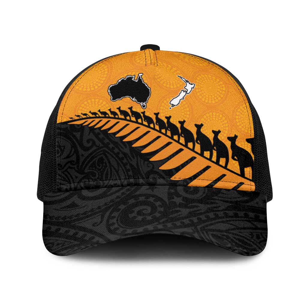 Australia New Zealand Rugby Baseball Net Cap Gold Aboriginal Wallabies and Maori Black Fern - Aussie Hoodie