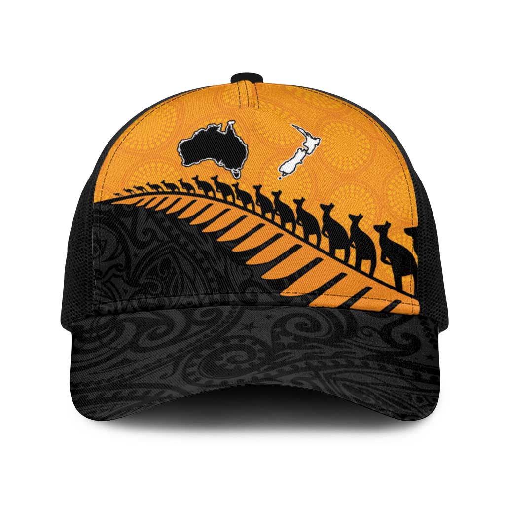 Australia New Zealand Rugby Baseball Net Cap Gold Aboriginal Wallabies and Maori Black Fern - Aussie Hoodie