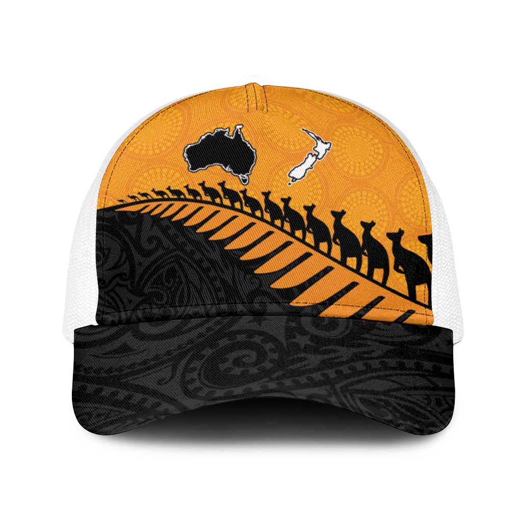 Australia New Zealand Rugby Baseball Net Cap Gold Aboriginal Wallabies and Maori Black Fern - Aussie Hoodie
