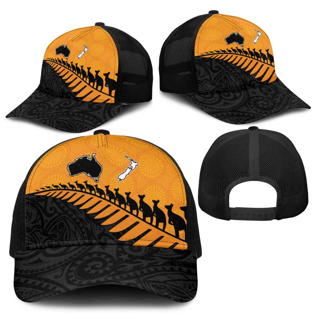Australia New Zealand Rugby Baseball Net Cap Gold Aboriginal Wallabies and Maori Black Fern - Aussie Hoodie