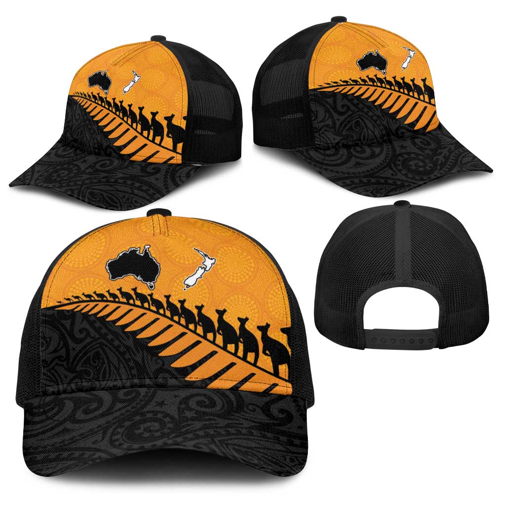 Australia New Zealand Rugby Baseball Net Cap Gold Aboriginal Wallabies and Maori Black Fern - Aussie Hoodie