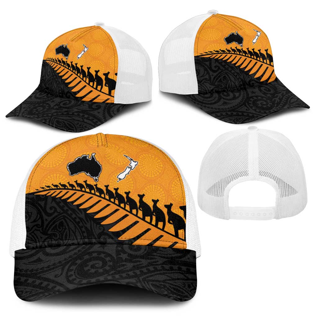 Australia New Zealand Rugby Baseball Net Cap Gold Aboriginal Wallabies and Maori Black Fern - Aussie Hoodie