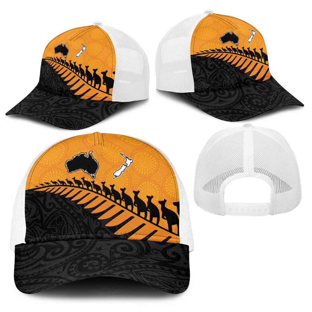 Australia New Zealand Rugby Baseball Net Cap Gold Aboriginal Wallabies and Maori Black Fern - Aussie Hoodie