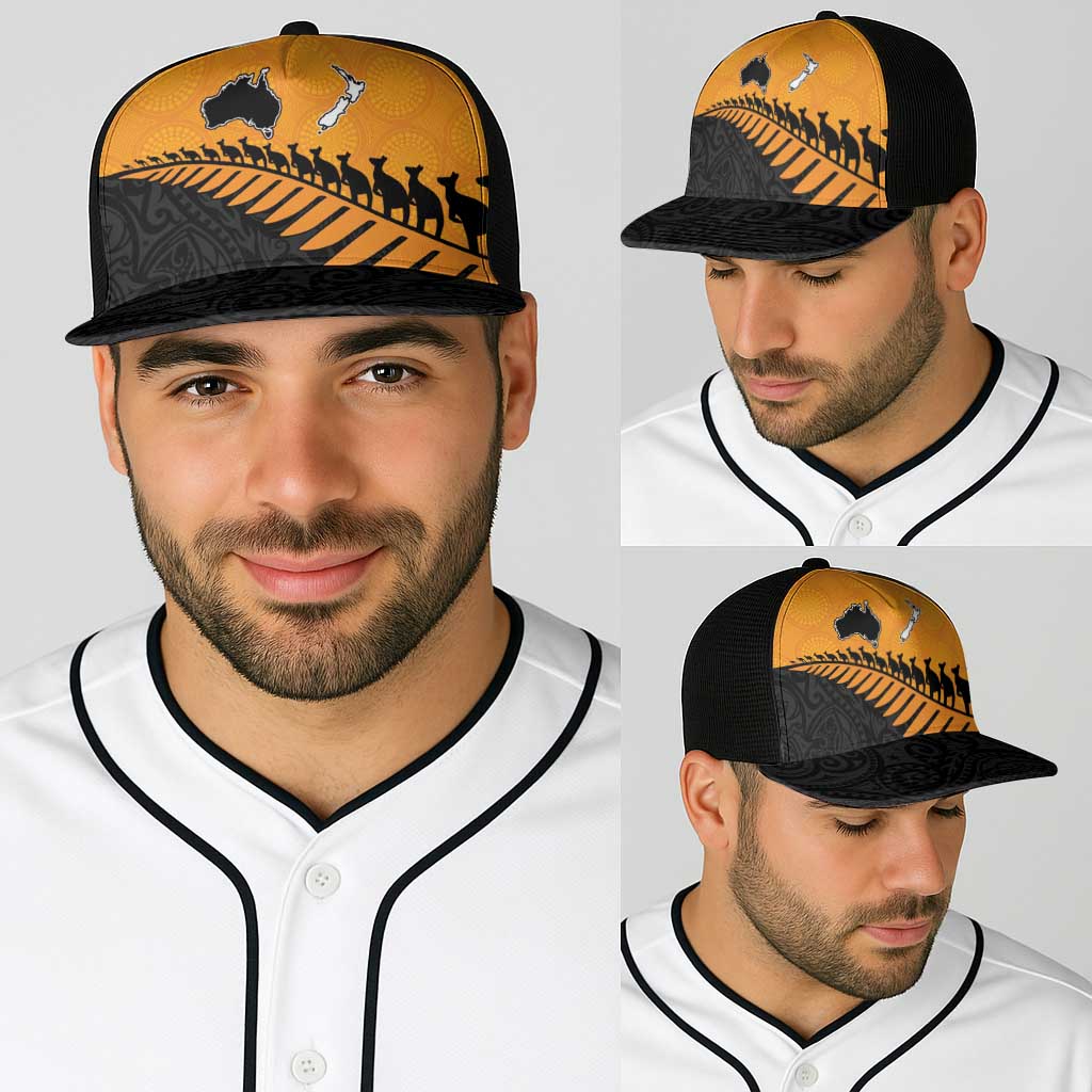 Australia New Zealand Rugby Baseball Net Cap Gold Aboriginal Wallabies and Maori Black Fern - Aussie Hoodie