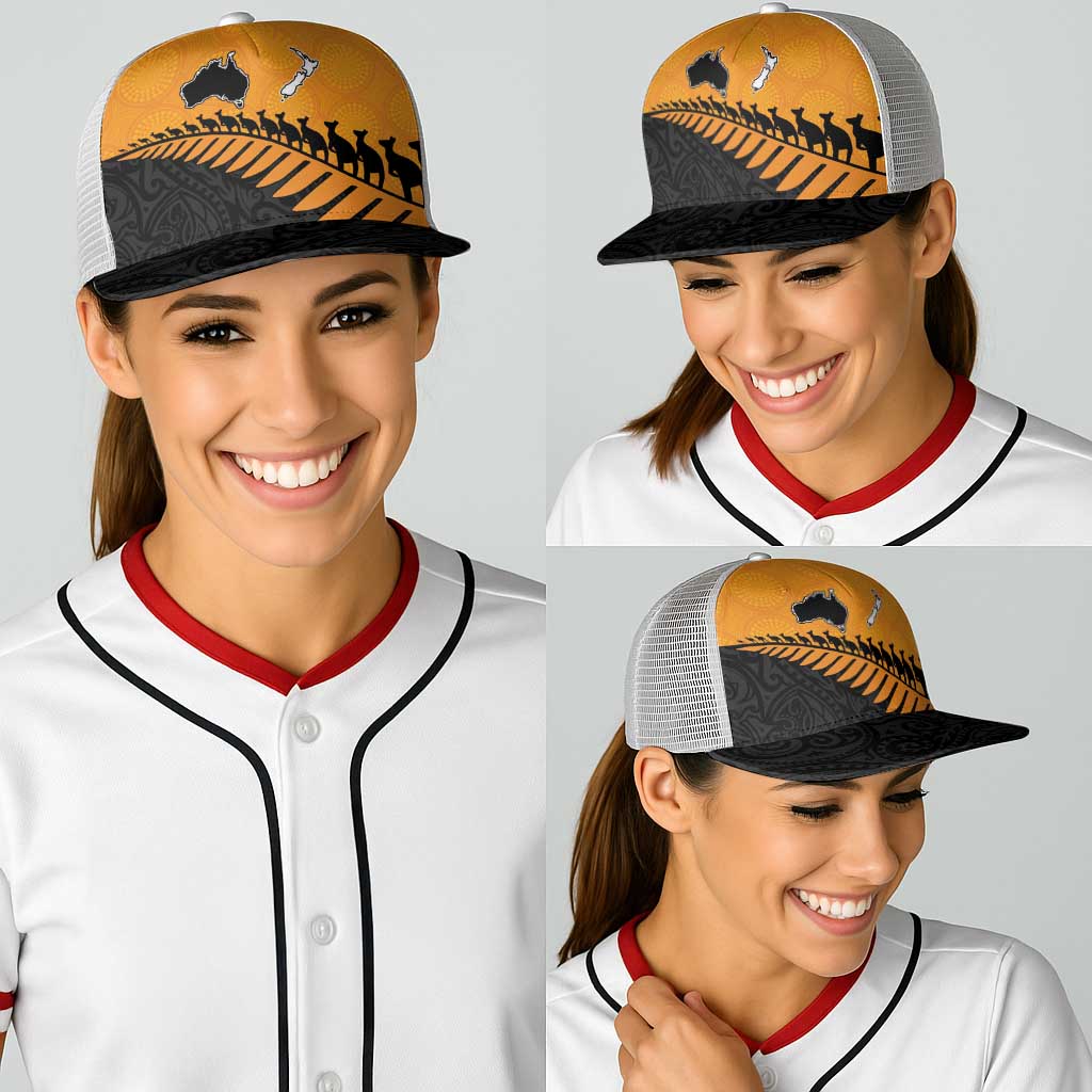 Australia New Zealand Rugby Baseball Net Cap Gold Aboriginal Wallabies and Maori Black Fern - Aussie Hoodie