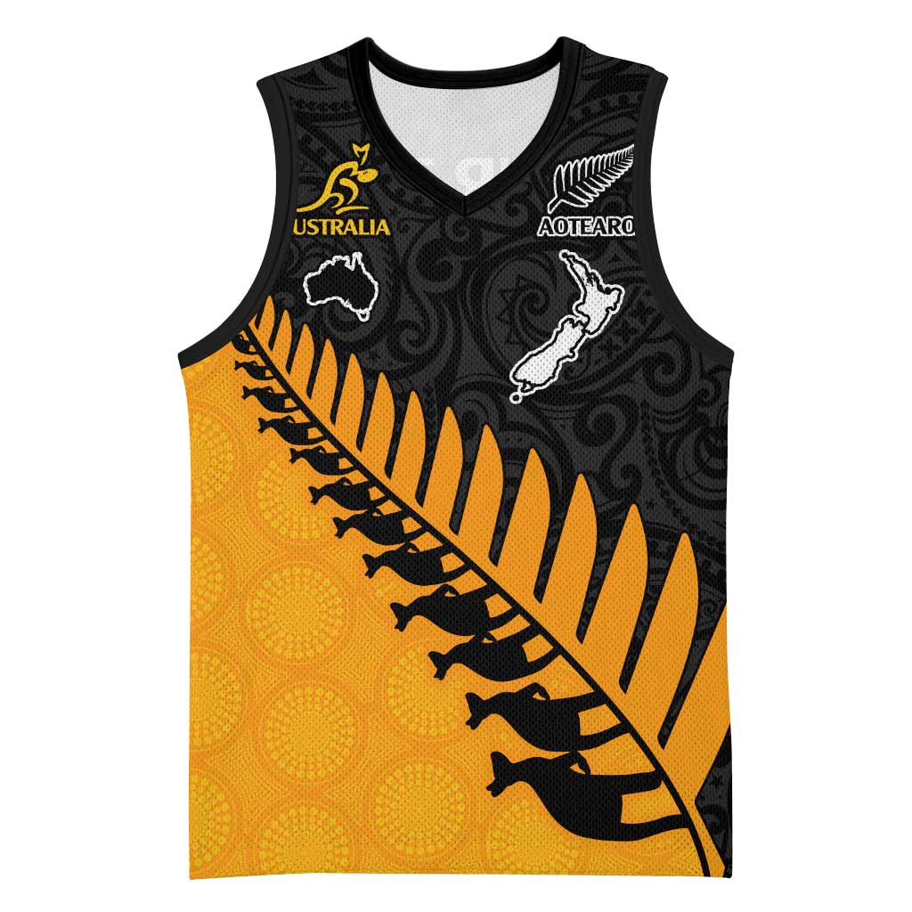 Australia New Zealand Rugby Basketball Jersey Gold Aboriginal Wallabies and Maori Black Fern - Aussie Hoodie