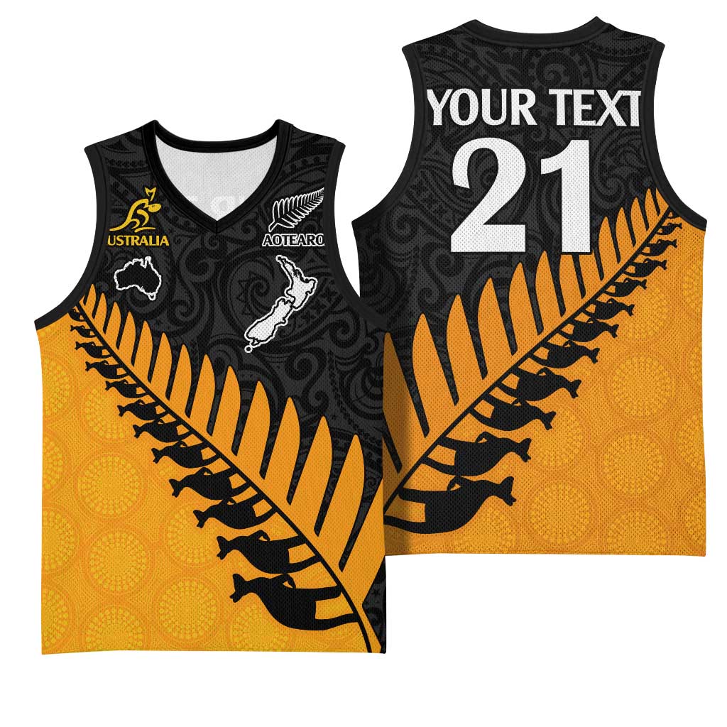 Australia New Zealand Rugby Basketball Jersey Gold Aboriginal Wallabies and Maori Black Fern - Aussie Hoodie