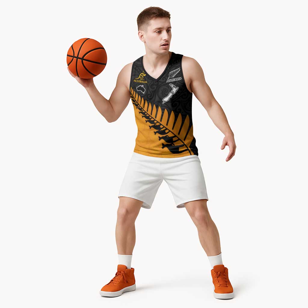 Australia New Zealand Rugby Basketball Jersey Gold Aboriginal Wallabies and Maori Black Fern - Aussie Hoodie