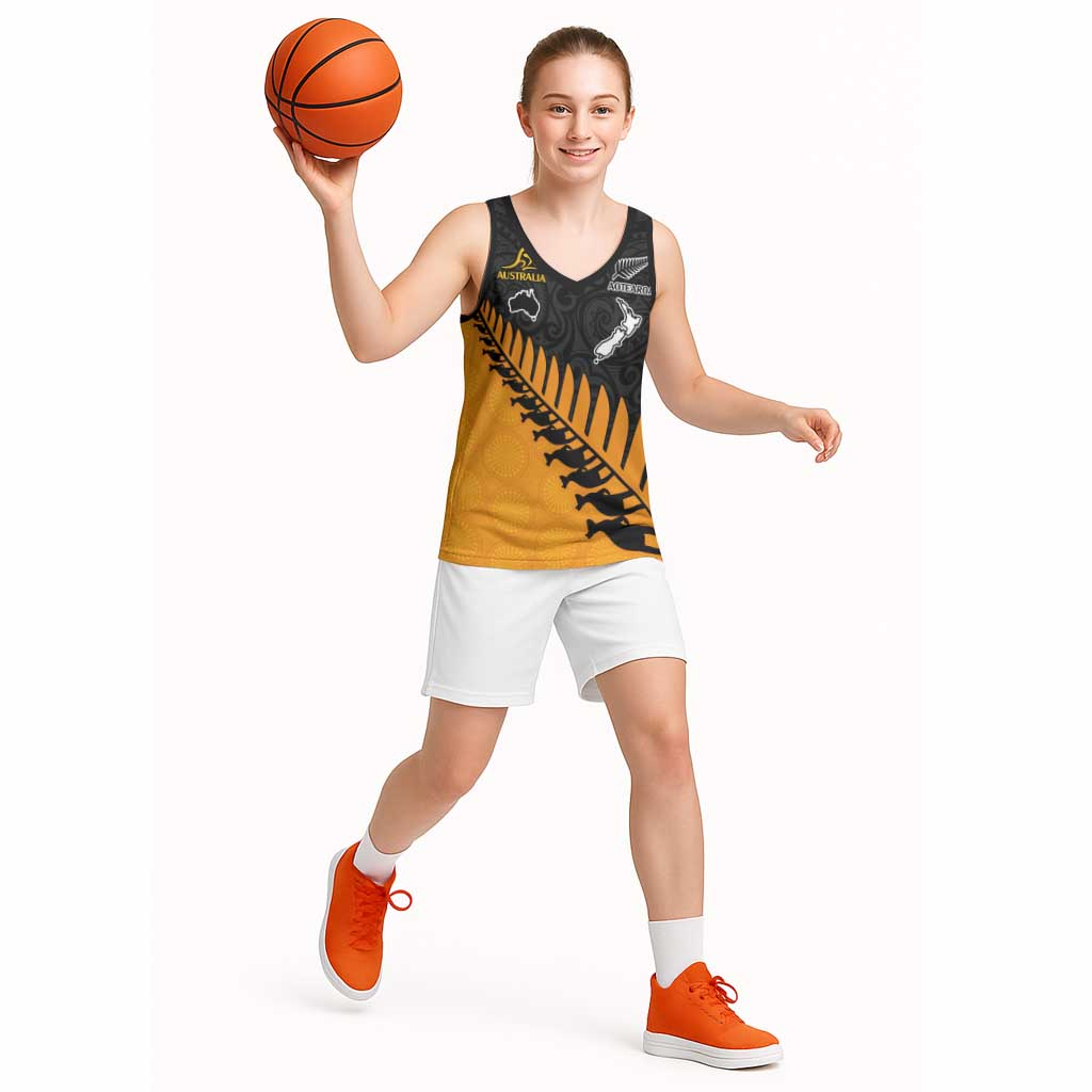 Australia New Zealand Rugby Basketball Jersey Gold Aboriginal Wallabies and Maori Black Fern - Aussie Hoodie