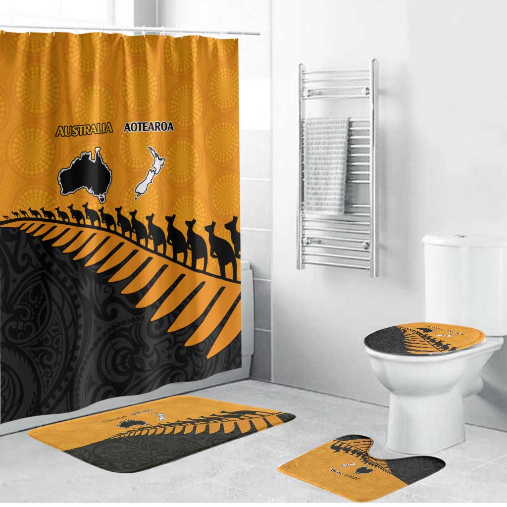 Australia New Zealand Rugby Bathroom Set Gold Aboriginal Wallabies and Maori Black Fern - Aussie Hoodie
